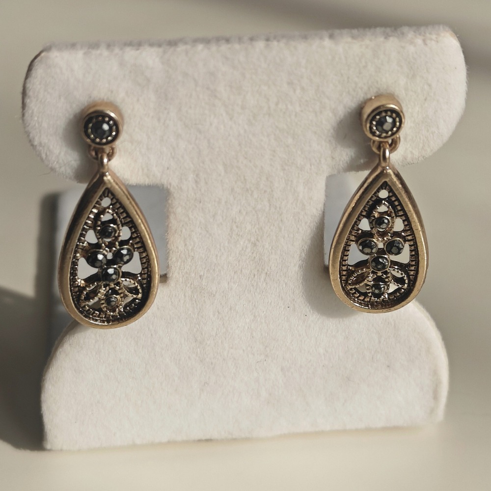 Bronze Gold Tone Filigree Teardrop Drop Earrings Gray Rhinestone Post Back